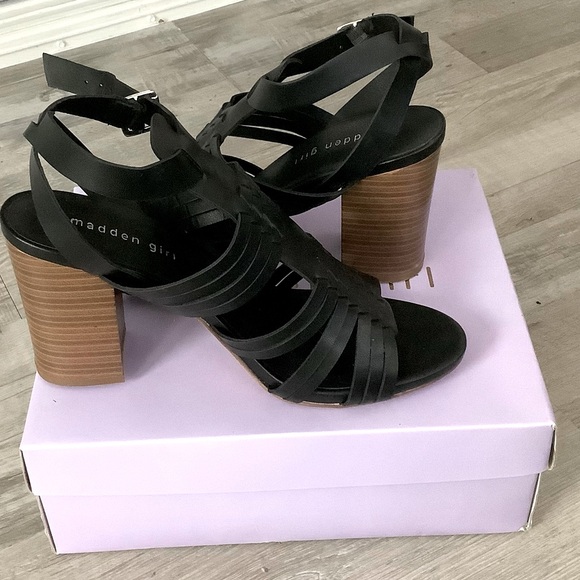 Madden Girl Shoes - Madden Girl Reine Black Woven Chunky Heels